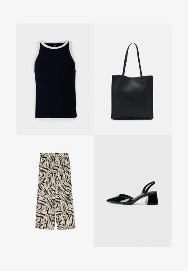 Tumes ribaga kaelusega ning valgete õlavarreaukudega. Valmistatud pehmest materjalist, ilusa slim-fit disainiga ilma kaunistusteta.; Laiad püksid kreemjalusel julge musta abstraktse zebra mustriga. Omavad elastset vöökohta ja sujuvat tekstuuri.; Mustad musta lakknahk kingad, millel on terav varvas ja geomeetriline plokkkonts. Omab elegantselt minimalistlikku disaini ja sujuvat tekstuuri.; Mustast nahast kott sujuva tekstuuriga, ristkülikukujuline ja kahe pika sangaga. Pole nähtavat riistvara ega kaunistusi.