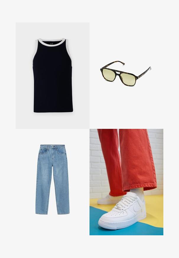 Marineblaues, geripptes Tanktop mit einem weißen Rundhals- und Armausschnitten. Hergestellt aus weichem Material, bietet ein tailliertes Design ohne Verzierungen.; Hellblaue Jeans aus Denim mit geradem Schnitt, hoher Taille, zwei vorderen Taschen und klassischem Knopfverschluss. Dezente Ausbleichungen und keine Verzierungen.; Weiße Leder-Sneaker mit perforiertem Zehenbereich, strukturiertem Sohlen und weißen Schnürsenkeln, kombiniert mit weiten roten Hosen und einem blauen und gelben Hintergrund.; Schildkrötensonnenbrille mit rechteckiger Form, grün getönten Gläsern und gemusterten Acetatrahmen. Verfügt über metalliche Akzente in der Nähe der Gläser.