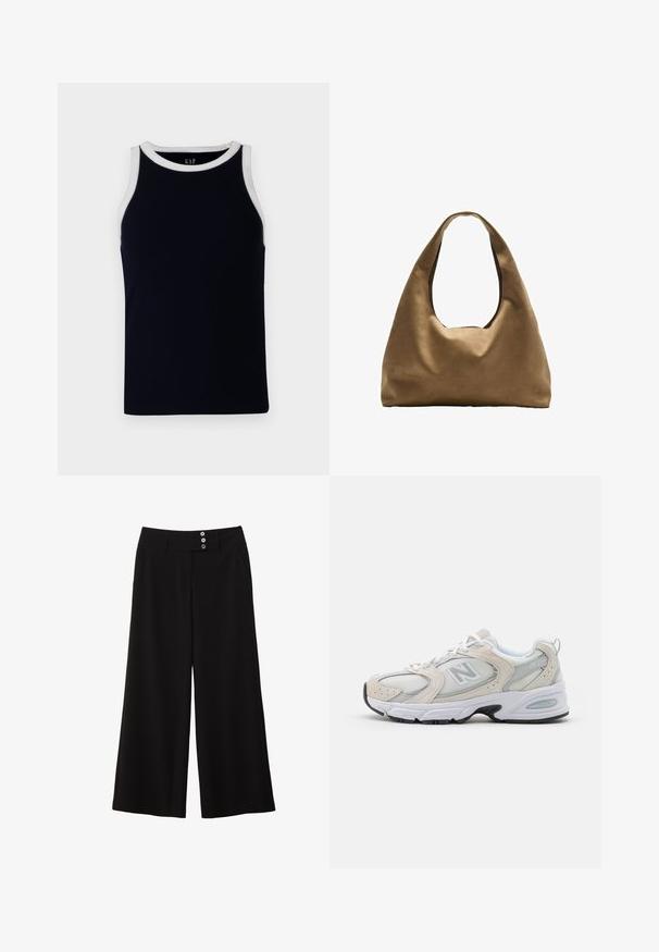 Mørkeblå ribbet tanktop med en hvid rund halsudskæring og ærmegab. Fremstillet af blødt materiale, med et tætsiddende design uden pynt.; Sorte bukser med bred benvidde og flad talje, der har to knapdetaljer foran samt sidelommer for funktionalitet. Glat tekstur.; Sportssko med en lys grå mesh-overdel og ruskindsdetaljer, hvide snørebånd og en sort gummisål. Bemærkelsesværdig ABZORB dæmpning.; Brun stof skuldertaske med en bred, rundet krop og et stort udsnit håndtag. Blød tekstur, minimalistisk design og ingen synlig hardware.