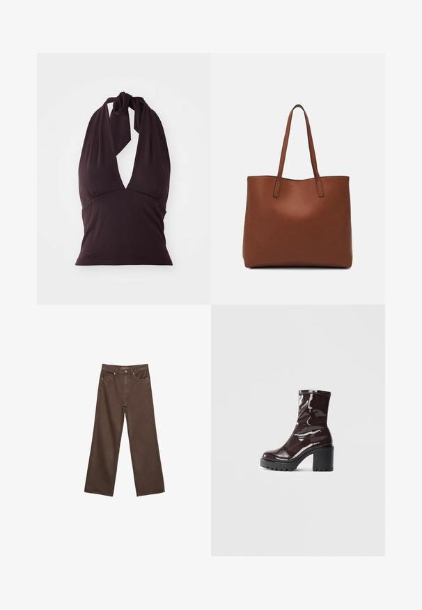 Halenkový top ve tmavě fialové barvě, vyrobený z hladké látky. Má hluboký výstřih do V a nařasené detaily pod poprsím. Uvazuje se na krku.; Hnědé džíny s širokými nohavicemi vyrobené z denimu, s vysokým pasem, předními kapsami a klasickým zapínáním na knoflík. Hladká textura s jemným švem.; Lesklá bordó kotníková bota s masivním černým podpatkem, se hladkým povrchem a jednoduchým designem. Žádné viditelné zapínání ani vzory.; Hnědá kožená taška přes rameno s hladkou texturou, otevřeným designem a dvěma ramenními popruhy. Obsahuje minimální švy a žádné viditelné kovové prvky.