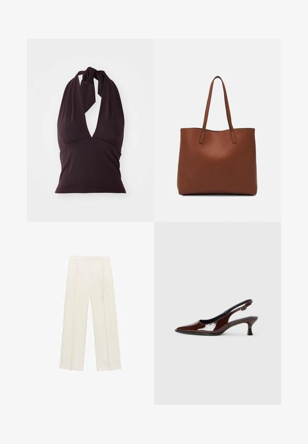 Halenkový top ve tmavě fialové barvě, vyrobený z hladké látky. Má hluboký výstřih do V a nařasené detaily pod poprsím. Uvazuje se na krku.; Kalhoty s širokými nohavicemi v světle krémové barvě. Vyrobené z hladké tkaniny s záhyby vpředu a bočními kapsami.; Hnědé lakované kožené slingback boty s špičatou špičkou a mírným podpatkem. Disponují přezkou pro bezpečné upevnění. Hladký povrch.; Hnědá kožená taška přes rameno s hladkou texturou, otevřeným designem a dvěma ramenními popruhy. Obsahuje minimální švy a žádné viditelné kovové prvky.