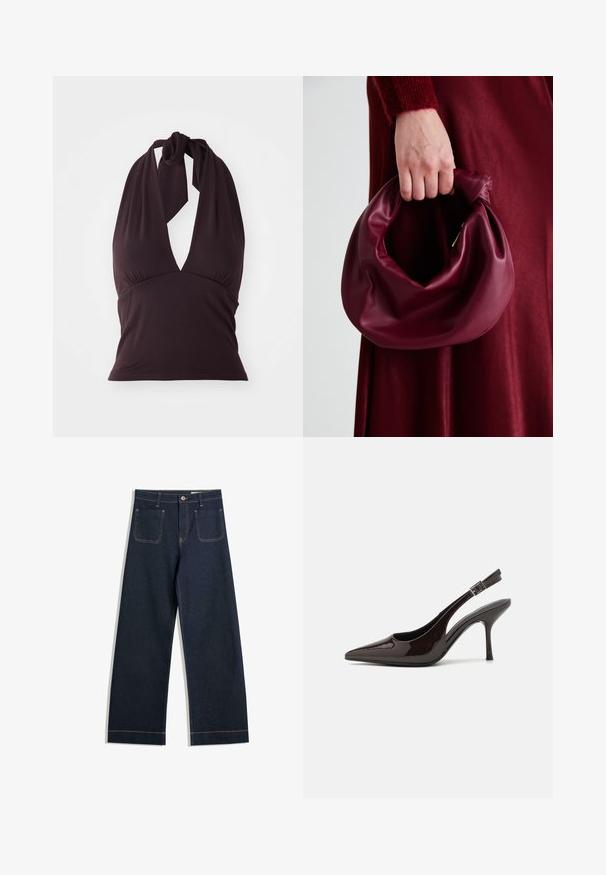 Top con collo all'americana di colore viola scuro, realizzato in tessuto morbido. Presenta una profonda scollatura a V e dettagli arricciati sotto il seno. Si allaccia dietro il collo.; Jeans a gamba larga blu scuro realizzati in denim con cuciture contrastanti color caramello, due tasche posteriori e chiusura con bottone in vita.; Scarpa con tacco alto tipo slingback in pelle verniciata marrone scuro lucido, punta affusolata, lati aperti e cinturino alla caviglia regolabile.; Borsa in pelle bordeaux con un design morbido e arricciato e una forma arrotondata. Il manico è fissato, mostrando una texture liscia.