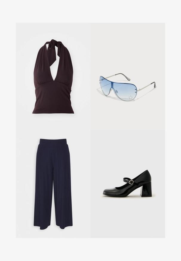 Tumšviolets halterneka tops, izgatavots no gludas auduma. Iezīmēts ar dziļu V-veida izgriezumu un sakrautu detaļu zem krūtīm. Sasienams ap kaklu.; Platas kājas bikses tumši zilā audumā ar svītrainu tekstūru. Aprīkotas ar gludu jostasvietu un plūstošu siluetu, sasniedzot vidus teļus.; Melnas patentā ādas Mary Jane kurpes ar noapaļotu purngalu, regulējamu siksniņu un masīvu taisnstūra papēdi. Gluda tekstūra ar spīdīgu apdari.; Pilotstila saulesbrilles ar gradienta zilām lēcām, sudraba metāla rāmjiem un dekoratīvām zvaigžņu akcentiem uz lēcām. Gluda un eleganta dizaina.