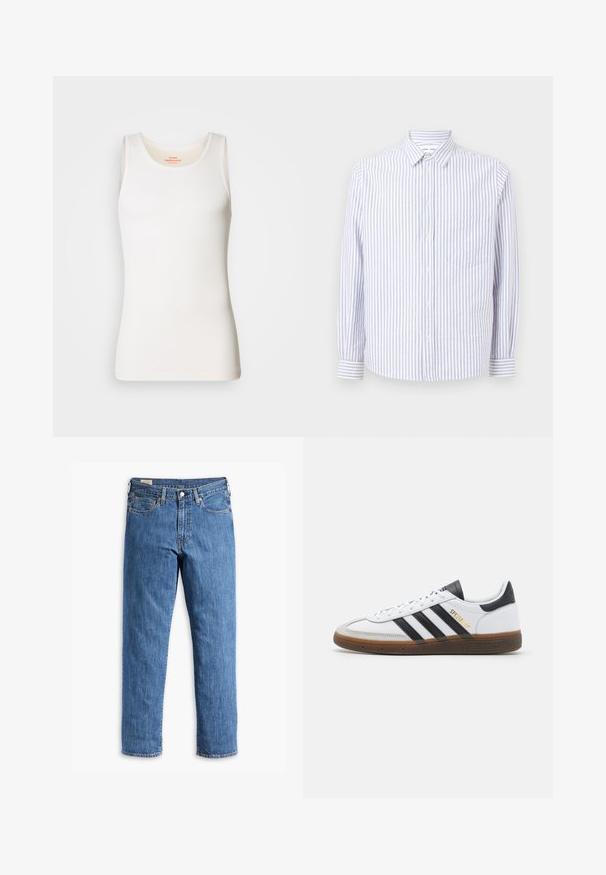Biała, prążkowana koszulka na ramiączkach z okrągłym dekoltem i szerokimi ramiączkami. Gładka tekstura i dopasowany krój.; Koszula w paski w jasnoniebieskim i białym kolorze. Posiada spiczasty kołnierzyk, długie rękawy oraz jedną kieszonkę na piersi. Wykonana z bawełnianej tkaniny.; Niebieskie dżinsy o prostym kroju nogawki, miedziane nity i pięć kieszeni. Posiadają przyszyty dół oraz klasyczny pasek w talii z szlufkami.; Białe skórzane sneakersy z czarnymi zamszowymi akcentami, trzema czarnymi paskami, beżową gumową podeszwą i złotym logo "SPEZIAL" na boku.