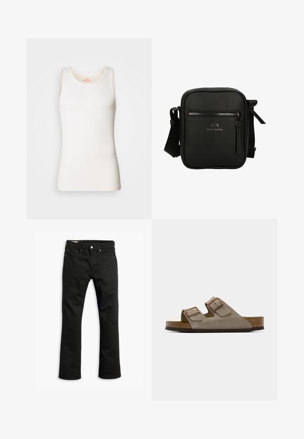 Top a coste bianco senza maniche con scollatura arrotondata e spalline larghe. Texture liscia e design aderente.; Jeans in denim nero con design a gamba dritta, cinque tasche, chiusura con bottone metallico e dettagli di cucitura sottili. Tessuto liscio e colore solido.; Infradito in suede grigio chiaro con due fibbie regolabili, un sottopiede in sughero e una suola in gomma strutturata.; Borsa a tracolla nera in pelle con forma rettangolare, tasca frontale con zip, tracolla regolabile e logo in rilievo sul fronte.