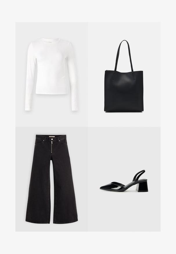 White long-sleeve t-shirt made of soft, stretchy fabric. Features a crew neckline and fitted design with minimal seams.; Wide-leg jeans in black denim with a zippered front, five-pocket design, and subtle stitching details. Smooth texture and casual style.; Black patent leather slingback heels with a pointed toe and a geometric block heel. Features a sleek, minimal design and smooth texture.; Black leather tote bag with smooth texture, rectangular shape, and two long handles. No visible hardware or embellishments.