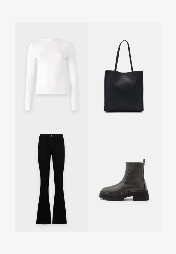 White long-sleeve t-shirt made of soft, stretchy fabric. Features a crew neckline and fitted design with minimal seams.; Black high-waist jeans with a button and zip closure, front pockets, and flared legs laid flat on a white background.; Black ankle boots with a smooth synthetic upper, elastic side panels, a pull tab, and a chunky rubber sole.; Black leather tote bag with smooth texture, rectangular shape, and two long handles. No visible hardware or embellishments.