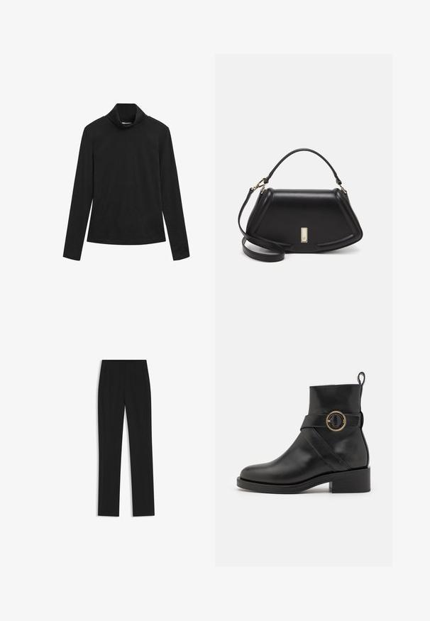 Black long-sleeve turtleneck shirt with a fitted silhouette and smooth fabric on a white background.; Black tailored trousers with a straight-leg design, featuring front pockets and a smooth, textured fabric. Neat, minimal detailing.; BOSS IRYNA BOOTIE - Platform ankle boots - black; Black leather handbag with a structured design, featuring a cropped shape, top handle, and gold hardware accent. Adjustable shoulder strap included.