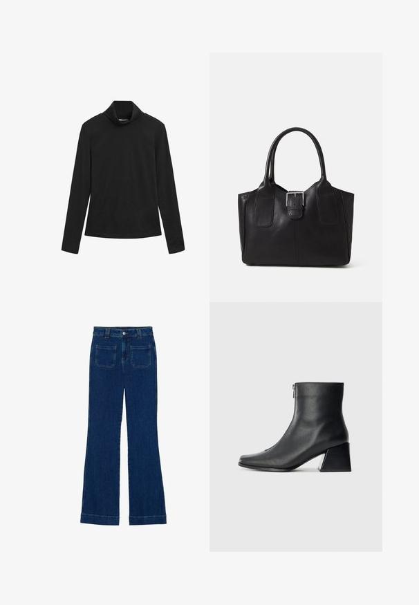 Schwarzes langärmeliges Rollkragenshirt mit figurbetonter Silhouette und glattem Stoff auf weißem Hintergrund.; Dunkelblaue Denim-Jeans im Schlagstil mit glatter Textur, Fünf-Taschen-Design und einem Knopfverschluss an der Taille.; Schwarze Lederstiefelette mit quadrater Zehenform, seitlichem Reißverschluss und Blockabsatz vor einem schlichten hellen Hintergrund.; Schwarze Leder-Tote mit glatter Textur, strukturiertem Design, zwei Griffen und einem auffälligen silbernen Schnallen-Detail auf der Vorderseite.