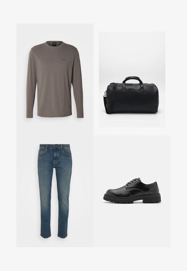 Grå skjorte med lange ermer laget av myk stoff, har rund hals og en liten svart logo på øverste venstre bryst. Glatt tekstur, ingen synlige mønstre.; Mørkeblå jeans med slim fit, med knappe-lukking, fem lommer og en litt falmet finish. Laget av denimstoff.; Sorte lær sko med rund tå, snøring og en tykk, teksturert gummisåle. Har søm langs kanten og en glatt overflate.; Svart duffelbag laget av teksturert syntetisk materiale. Har to hender og en justerbar skulderstropp. Enkel design uten synlige mønstre.