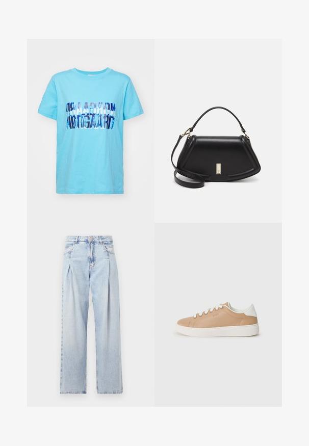 Lys blå bomull t-skjorte med et brettet grafisk design i mørk blå tekst. Korte ermer og rund hals. Glatt tekstur, avslappet passform.; Lyseblå denimjeans med høy livlinje, vide ben, to sidelommer og plisserte detaljer. Myk tekstur med en falmet finish.; Beige lærsk sneaker med hvite detaljer, rund tå, flat såle og kontrasterende sømdetaljer. Snøring med seks øyer.; Sort lærveske med en strukturert design, som har en avkortet form, topphåndtak og detaljer i gull. Justerbar skulderstropp inkludert.