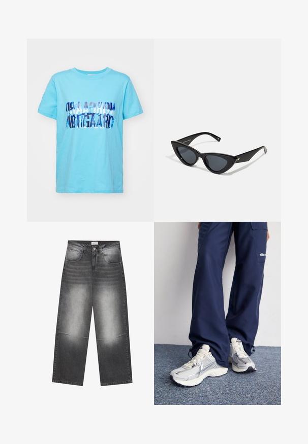 Camiseta de algodón azul claro con un diseño gráfico plegado en texto azul oscuro. Manga corta y cuello redondo. Textura suave, corte casual.; Jeans de mezclilla negra de pierna ancha con un acabado gris desgastado, que cuentan con bolsillos delanteros, cierre de botón y un ligero desgaste en las rodillas.; Zapatillas deportivas Nike con parte superior de malla plateada, acentos blancos y suelas texturizadas, combinadas con pantalones azul marino de corte holgado.; Gafas de sol estilo ojo de gato con un marco de plástico negro brillante, lentes oscuros y detalles en dorado en las patillas. Diseño angular con líneas elegantes.