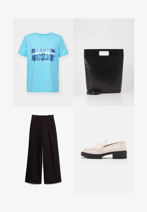Svetlomodré bavlnené tričko s preloženým grafickým dizajnom v tmavomodrom texte. Krátke rukávy a okrúhly výstrih. Hladká textúra, voľný strih.; Čierne široké nohavice vyrobené z hladkej tkaniny, s vysokým pásom, pútkami na opasok a dvoma prednými vreckami. Ploché záhyby dodávajú textúru.; Svetlo béžové kožené mokasíny s prešitým predom a textúrovaným čiernym platformovým podpätkom. Vlastnosti zahŕňajú zakrivený dizajn a mierne zvýšenie.; Čierna kožená taška cez rameno so štvorcovou rukoväťou, ktorá má textúrovaný povrch a embosované logo. Obsahuje odnímateľný popruh.
