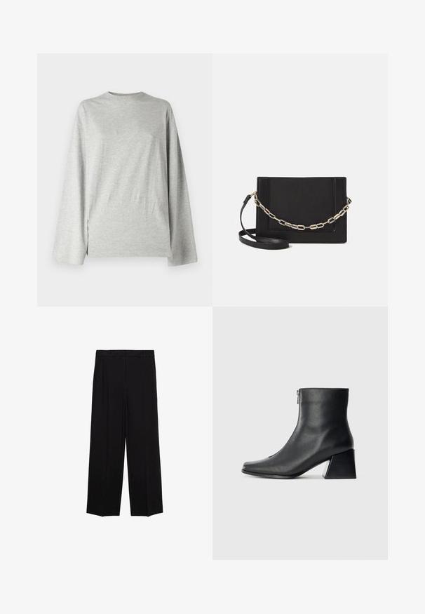 Weekday OVERSIZED LONG SLEEVE - Longsleeve - grey; Zwarte wijde broek van een gladde stof, met plooien aan de voorkant en zijzakken, ontworpen met een rechte, relaxte snit.; Zwarte leren enkellaars met vierkante neus, zijrits en blokhak tegen een effen lichte achtergrond.; Zwarte leren schoudertas met een gladde textuur, rechthoekige vorm en een metallic kettingdetail aan de voorkant. Verstelbare schouderband inbegrepen.