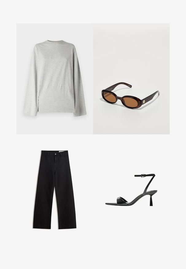 Weekday OVERSIZED LONG SLEEVE - Langærmet T-shirt - grey; Sorte wide-leg denim bukser med høj talje, der har front- og baglommer, syede sømme og en knaplukning. Glat tekstur.; Bershka Højhælede sandaletter / Højhælede sandaler - black; Brune skildpadde-solbriller med ovale linser, der har en tynd stel og en lille metalaccent på siden. Struktureret og poleret overflade.; Sort patenteret læder håndtaske med en buet form, en skulderrem, frontlommer og hardware accenter i sølvfarve.
