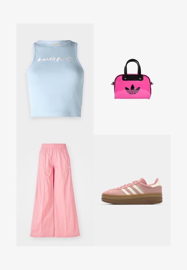 Šviesiai mėlynas raukšlėtas trumpas viršus su apykakle ir be rankovių dizainu. Priekyje yra balta siuvinėta tekstas.; Rožinės plačios kojos kelnės, pagamintos iš lengvos medžiagos, su elastinga juosta ir subtiliomis baltomis šoninėmis juostelėmis. Mažas logotipas priekyje.; adidas Originals GAZELLE BOLD - Sportbačiai - mauve/off white; Rausvos patentinės rankinės su juodu logo ir rankenomis, suapvalinta forma ir užtrauktuku uždarymu. Blizgi tekstūra pagerina matomumą.