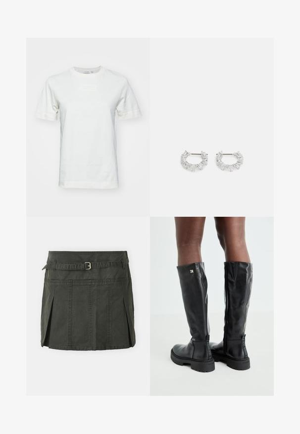 Vit bomullströja med korta ärmar, rund halsringning och en texturerad "LACOSTE"-logotyp på framsidan. Snyggt tyg med normal passform.; Mörkgrön, bomull mini kjol med en figursydd midja, ett bälte och framfall. Har stikningar och en klassisk passform.; Svarta knähöga läderstövlar med en slät textur, rund tå, kraftig sula och dragkedjestängning. Har en silverlogotyp på sidan.; Silverfärgade hoops örhängen som har klara, rektangulära och triangulära kristaller arrangerade i ett mönstrat design. Stift för säker fastsättning.