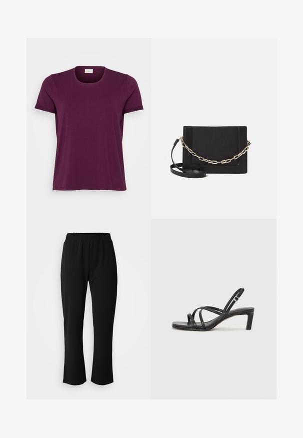 Tričko s krátkym rukávom v hlbokých burgundských farbách, okrúhly výstrih, mäkká bavlnená tkanina a Rolované rukávy. Jednoduchý dizajn s klasickým strihom.; ONLY Carmakoma CARLAMA STRAIGHT - Nohavice - black; Čierne sandále na vysokom podpätku so štvorcovou špičkou a nízkym blokovým podpätkom. Obsahujú viacero tenkých popruhov a nastaviteľný členkový popruh. Vyrobené z hladkej kože.; Čierna kožená crossbody taška s hladkou textúrou, obdĺžnikovým tvarom a kovovým reťazovým detailom na prednej strane. Súčasťou je nastaviteľný popruh.; Strieborný prsteň s dvojitým pásikom s hladkým, lesklým povrchom. Má plynulý, zakrivený dizajn s prekryvajúcimi sa časťami pre moderný vzhľad.