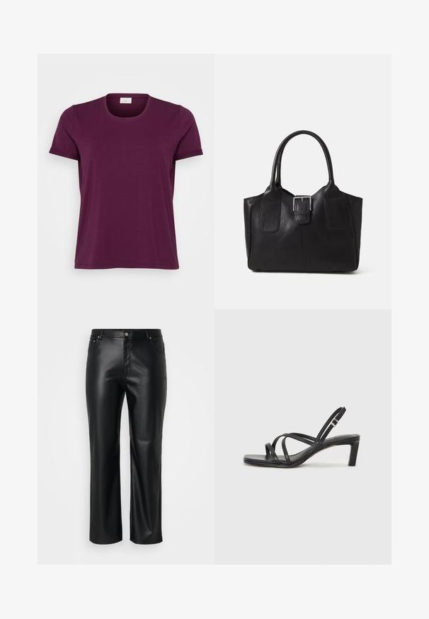 Short-sleeve t-shirt in deep burgundy, round neckline, soft cotton fabric, and rolled sleeves. Simple design with a regular fit.; Black faux leather pants with a straight cut, featuring belt loops, front pockets, and a zip fly with a button closure. Smooth texture.; Black strappy sandal with a square toe and a low block heel. Features multiple thin straps and an adjustable ankle strap. Made of smooth leather.; Black leather tote bag with smooth texture, structured shape, two handles, and a prominent silver buckle detail on the front.