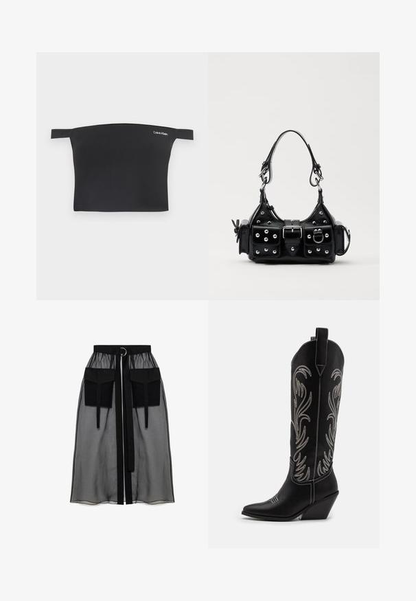 Melnā īsā topa ar atvērtām plecu daļām dizains, izgatavots no gludas auduma. Tam ir šauri siksniņas un neliels baltais Calvin Klein logo priekšpusē.; Melnā caurspīdīgā svārka ar salikto jostasvietu, kas ietver divas lielas priekšējās kabatas, jostas saitīti un apaļu metāla akcentu.; Melnas ādas kovboju zābakus ar norādītām pirkstiem, sānām paceltu papēdi un sudraba izšūtām ziedu rakstiem gar zābaka kāju. Kontrasta dūrieni visā zābakā.; Melnas ādas rokturmais ar izliekumu, ar sudraba iedurtiem, sprādzi un divām sānu kabatām. Regulējams siksniņas garums dažādām nēsāšanas iespējām.