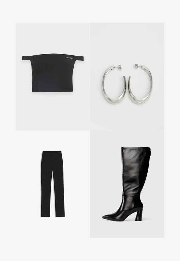 Black crop top with off-shoulder design, made from smooth fabric. Features narrow straps and a small white Calvin Klein logo on the front.; Black tailored trousers with a straight-leg design, featuring front pockets and a smooth, textured fabric. Neat, minimal detailing.; Knee-high black leather boot with a pointed toe, smooth texture, and a chunky heel. Features a zipper detail at the back.; Silver hoop earrings with a smooth, curved design. Features a shiny metallic finish and stud closure. No visible patterns or accents.