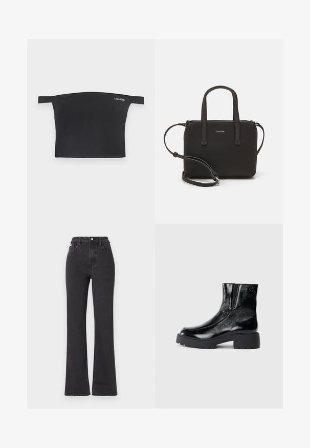Čierny crop top s dizajnom bez ramienok, vyrobený z hladkej látky. Má úzke ramienka a malú bielu značku Calvin Klein na prednej strane.; Čierne džíny s vysokým pásom a rozšírenými nohavicami vyrobené z denimu, s gombíkovým zapínaním, pútkami na opasok a bočnými vreckami. Hladká textúra s minimálnym ošúchaním.; Čierne kotníkové topánky s lesklým patentným koženým povrchom, masívnou čiernou gumovou podrážkou a vyvýšeným podpätkom; na boku obsahujú jemný detail loga.; Čierna kabelka s dvojitými krátkymi rúčkami a odnímateľným ramenným popruhom. Hladký materiál podobný koži s uzatváraním na zips a detailom loga.