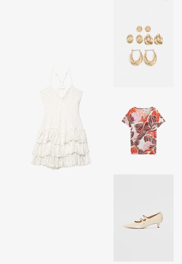 T-shirt à manches courtes avec un col en V, présentant un motif de feuilles sur l'ensemble en orange, rose et marron sur un fond clair, fabriqué en tissu texturé.; Robe en dentelle blanche sans manches avec décolleté en V, bretelles fines réglables et détail de jupe à volants superposés.; Chaussures Mary Jane en cuir verni beige avec deux boucles ajustables, bout pointu et un petit talon. Texture lisse avec un fini brillant.; Sac à main en cuir crème avec une forme de croissant, quincaillerie dorée, accents noirs et une bandoulière amovible. Présente un détail en chaîne et une étiquette.; Ensemble de boucles d'oreilles dorées comprenant trois paires : des clous ovales texturés, des clous au design ondulé et de grandes boucles d'oreilles avec des nervures superposées.