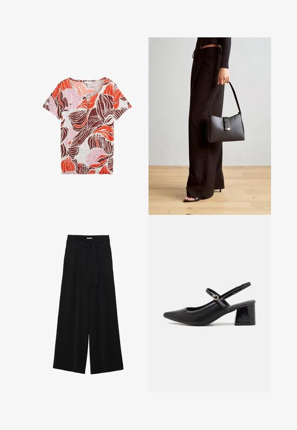 T-krekls ar īsām piedurknēm un V-veida kakla izgriezumu, ar visā virsmā redzamu lapu rakstu oranžā, rozā un brūnā krāsā uz gaiša fona, izgatavots no teksturēta auduma.; Melni platleņķa bikses ar teksturētu audumu, elastīgu jostu un noņemamu siksnu viduklī, kas nodrošina regulējamu piegulšanu.; Melns patentēts ādas sandales ar norādīta pirksta formu, noapaļotu izgriezuma dizainu un bloķētu papēdi. Iezīmēta ar zelta toņa sprādzi.; Melnā somiņa ar strukturētu formu, gludu tekstūru un metālu sprādzi. Saskaņota ar platām melnām biksēm un sandālēm ar atvērtu purngalu uz koka grīdas.