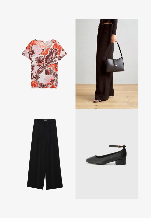 Kurze Ärmel Bluse mit V-Ausschnitt, ausgestattet mit einem durchgehenden Blattmuster in Orange, Pink und Braun auf einem hellen Hintergrund, aus strukturiertem Stoff gefertigt.; Schwarze weite Hosen aus strukturiertem Stoff, mit elastischem Bund und einem abnehmbaren Bindegürtel in der Taille für eine verstellbare Passform.; Schwarze Lederpumps mit spitzem Zehenbereich und niedrigem Blockabsatz. Mit einem Knöchelriemen und einer goldfarbenen Schnalle. Glatte Textur.; Schwarze Handtasche mit strukturierter Form, glatter Textur und einem metallischen Verschluss. Kombiniert mit weiten schwarzen Hosen und offenen Sandalen auf einem Holzboden.