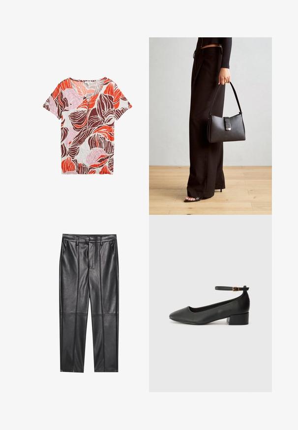 T-shirt met korte mouwen en een v-hals, voorzien van een overal bladerenpatroon in oranje, roze en bruin op een lichte achtergrond, gemaakt van textiel met structuur.; Zwarte leren broeken met een gladde textuur, voorzien van een rechte pasvorm, twee voorzakken en zichtbare naaddetail.; Zwarte leren pump met een spitse neus en een lage blokhak. Beschikt over een enkelband met een goudkleurige gespsluiting. Gladde textuur.; Zwarte handtas met gestructureerde vorm, gladde textuur en een metalen sluiting. Gecombineerd met brede zwarte broeken en sandalen met open teen op een houten vloer.