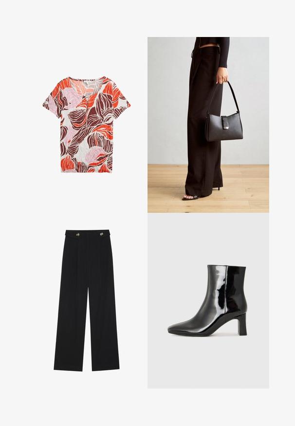 T-shirt met korte mouwen en een v-hals, voorzien van een overal bladerenpatroon in oranje, roze en bruin op een lichte achtergrond, gemaakt van textiel met structuur.; Zwarte wijde broek met hoge taille, knoopdetails op de tailleband en plooien aan de voorkant.; Zwarte gepolijste leren enkellaars met een spitse neus en een blokhak van gemiddelde hoogte. Glad textuur en minimalistisch ontwerp.; Zwarte handtas met gestructureerde vorm, gladde textuur en een metalen sluiting. Gecombineerd met brede zwarte broeken en sandalen met open teen op een houten vloer.