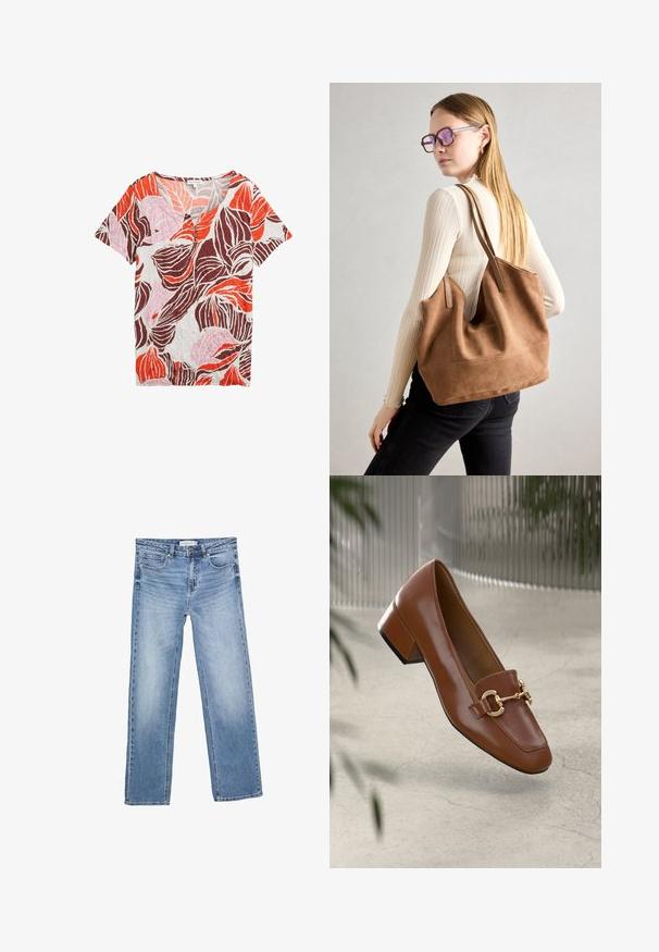 Top a maniche corte con scollo a V, caratterizzato da un motivo a foglie in arancione, rosa e marrone su uno sfondo chiaro, realizzato in tessuto testurizzato.; Jeans in denim blu a gamba dritta, con un lavaggio sbiadito, cinque tasche e una chiusura a bottone classica. Materiale in cotone con cuciture ben visibili.; Mocassino in pelle verniciata marrone con punta quadrata, accentato da catena metallica e tacco basso; texture liscia, design minimalista.; Borsa a tracolla in suede marrone con texture morbida, ampia apertura e lunghe cinghie. Caratterizzata da un design semplice con cuciture visibili e senza accessori.