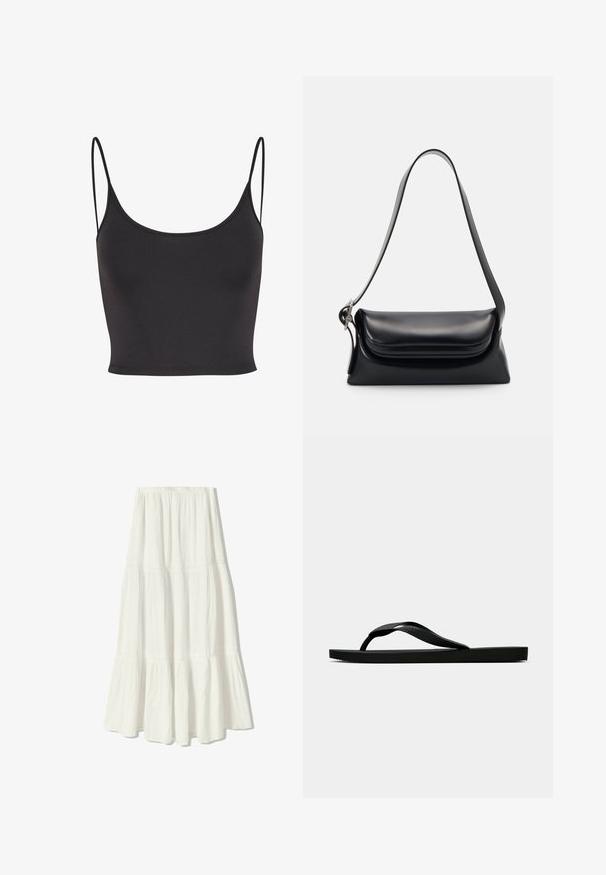 Top corto senza maniche di colore nero, realizzato in tessuto liscio. Presenta sottili spalline a spaghetto e un collo a barco, con una vestibilità aderente.; Gonna maxi bianca con design a strati, realizzata in tessuto leggero. Presenta una vita elastica e delicati accenti di cucitura.; Infradito in gomma nera con cinturino testurizzato e suola piatta semplice, mostrati di lato su uno sfondo chiaro e uniforme.; Borsa a tracolla nera in pelle con una forma strutturata, una texture liscia e una singola tracolla. Presenta un design a patta arrotondata e discreta.