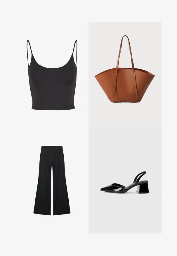 Schwarzes, ärmelloses Crop-Top aus glattem Stoff. Hat dünne Spaghetti-Träger und einen runden Halsausschnitt, mit einer taillierten Passform.; Schwarze weit geschnittene Hose mit glatter Textur, ausgestattet mit Frontfalten und einem taillierten Design. Der Stoff ist leicht und fließend.; Schwarze Lackleder-Slingback-High Heels mit spitzem Schuh und einem geometrischen Blockabsatz. Verfügt über ein schlankes, minimalistisches Design und eine glatte Textur.; Braune Leder-Tote mit einer breiten, strukturierten Form, dünnen Griffen und einer strukturierten Oberfläche. Bietet ein minimalistisches Design ohne sichtbare Beschläge.