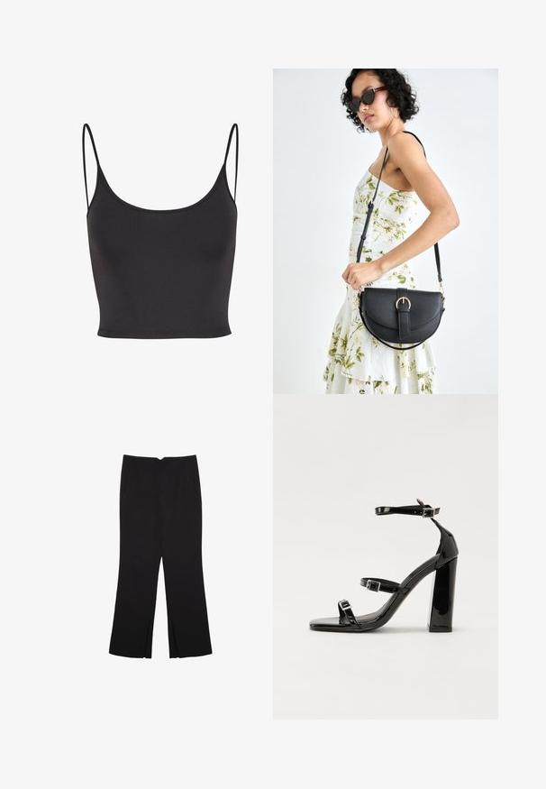Czarny, bezrękawnikowy top crop z gładkiego materiału. Posiada cienkie ramiączka spaghetti i dekolt w serek, o dopasowanym kroju.; Czarne spodnie o prostym kroju, z przednimi kieszeniami i bocznymi rozcięciami na dole. Wykonane z miękkiego, gładkiego materiału. Odpowiednie na różne okazje.; Czarne lakierowane sandały na obcasie z kwadratowym noskiem, z paskami wokół kostki i srebrnymi klamrami. Posiadają masywny słupek dla stabilności.; Czarna skórzana torebka o zakrzywionym kształcie, z odpinanym paskiem i złotymi akcentami. Torebka posiada klapę z zapięciem w kształcie klamry.