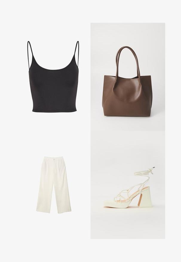Zwarte, mouwloze crop top van gladde stof. Heeft dunne spaghetti-bandjes en een ronde halslijn, met een getailleerd ontwerp.; Brede broekspijpen in crème stof met een gladde textuur, voorzien van een enkele frontknop, subtiele plooien en een hoge taille.; Witte hoge hakken sandaal met een chunky hak, met een bandjesontwerp en enkelband. Gladde textuur met een plateau voor extra hoogte.; Bruine leren tote bag met twee lange handvatten, gestructureerde vorm, gladde textuur en minimalistisch design. Geen zichtbare hardware of accenten.