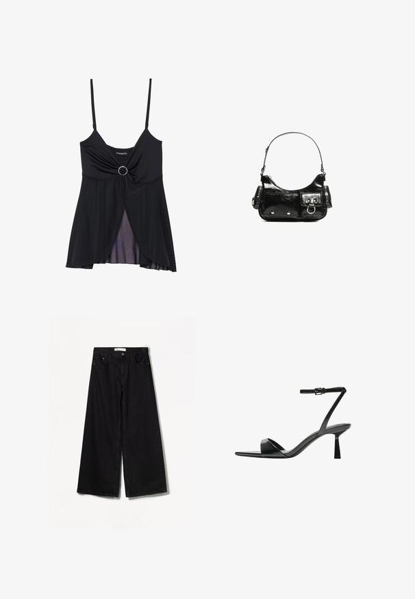 Schwarzes Trägershirt mit dünnen Trägern, einem gedrehten Knotendesign mit einem zentralen Ringakzent und einem transparenten, geschichteten Saum. Hergestellt aus leichtem Stoff.; Bershka WIDE-LEG - Wide Leg - black; Bershka High Heel Sandalette - black; Schwarze Lackleder-Handtasche mit geschwungenem Design, einem Schulterriemen, Vordertaschen und silberfarbenen Hardware-Akzenten.