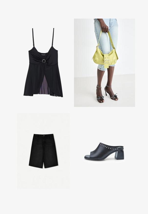 Black camisole featuring thin straps, a twisted knot design with a central ring accent, and a sheer layered hem. Made of lightweight fabric.; Black denim shorts with a relaxed fit, featuring a traditional waistband, front pockets, and a straight cut ending just above the knee.; Black open-toe mule with a smooth leather finish, featuring silver-tone studs along the top and a low block heel.; Yellow perforated handbag with a buckle detail and adjustable strap, paired with denim shorts and black high-heeled sandals with bows.