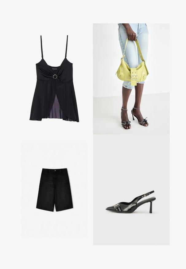 Černá tílko s tenkými ramínky, designem se zkrouceným uzlem a centrálním kroužkovým akcentem, a průhledným vrstveným lemem. Vyrobeno z lehkého materiálu.; Černé džínové kraťasy s volným střihem, které mají tradiční pas, přední kapsy a rovný střih končící těsně nad kolenem.; Černá lakovaná slingback obuv s špičatou špičkou, kotníkovými pásky s kovovými sponami a příslušenstvím, a štíhlým podpatkem.; Žlutá perforovaná kabelka s detaily přezky a nastavitelným popruhem, spárovaná s denimovými šortkami a černými sandály na vysokém podpatku s mašlemi.