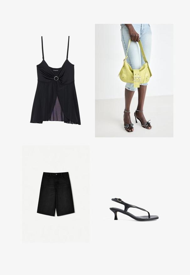 Camisola nera con spalline sottili, design con nodo attorcigliato e accento a cerchio centrale, e orlo sovrapposto trasparente. Realizzata in tessuto leggero.; Shorts in denim nero con una vestibilità comoda, dotati di una vita tradizionale, tasche frontali e un taglio dritto che termina appena sopra il ginocchio.; Sandal in pelle nera con design sottile, cinghie sottili e un tacco piccolo. Presenta un accento con fibbia e una soletta liscia e texturizzata.; Borsa perforata gialla con dettaglio a fibbia e tracolla regolabile, abbinata a pantaloni corti in denim e sandali neri con tacco alto e fiocchi.