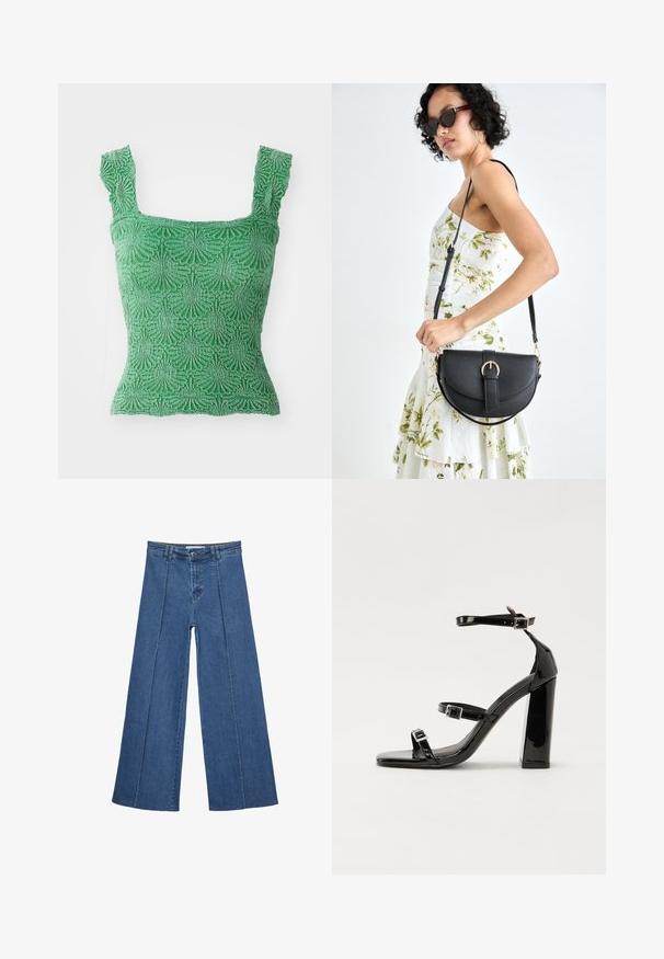 Zelený, přiléhavý top s texturovanou výšivkou, čtvercovým výstřihem a volánkovými ramínky. Má květinový vzor po celém povrchu.; Džíny s širokými nohavicemi v středně modré barvě, se zvýšeným pasem, knoflíkovým zapínáním a kontrastními vertikálními švy vpředu.; Černé lakované sandály na vysokém podpatku se dvěma pásky se sponami, čtvercovou špičkou a robustním blokovým podpatkem, s hladkou, lesklou texturou.; Černá kožená kabelka s křivkovým tvarem, odnímatelným popruhem a zlatými detaily. Kabelka má klopu s přezkou.