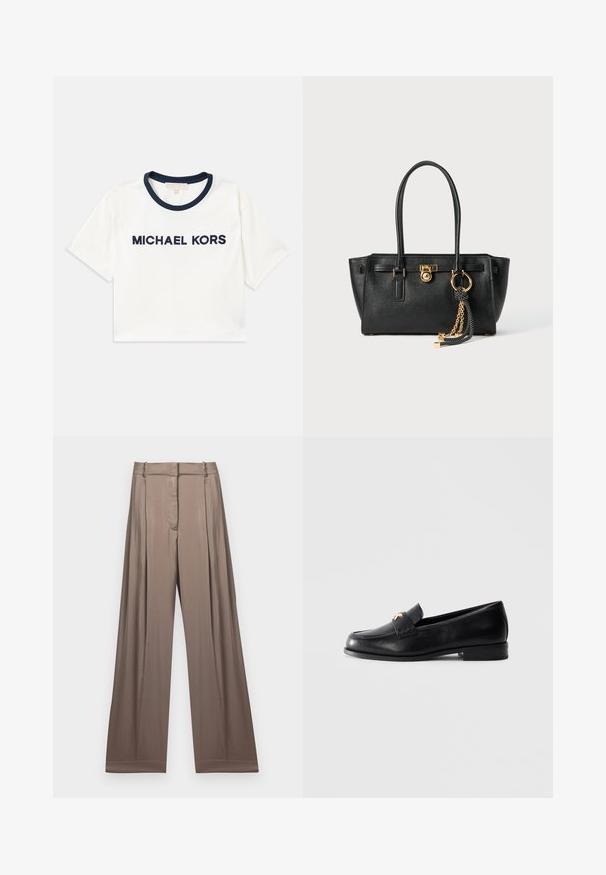 Gekürztes weißes T-Shirt mit navyfarbenem Ausschnitt, mit "MICHAEL KORS" in Navy bedruckt. Hergestellt aus weicher Baumwolle mit kurzen Ärmeln.; Weite Hosen in einem gedeckten Taupe-Ton, aus glattem Stoff mit satinartiger Oberfläche. Mit einem taillierten Bund und dezenten Falten.; Schwarze Lederloafers mit flachem Absatz und goldenem dekorativem Emblem auf dem Riemen, präsentiert auf einem schlichten hellgrauen Hintergrund.; Schwarze Lederhandtasche mit doppelten Griffen, goldfarbener Verschluss- und Kettendetails sowie einem schwarz-weißen Quastenaccessoire vor weißem Hintergrund.