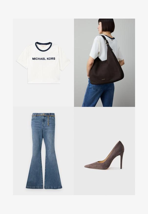 Beskuren vit t-shirt med marinblå krage, med "MICHAEL KORS" tryckt i marinblått. Tillverkad av mjukt bomull med korta ärmar.; Uttalade blå jeans i medeltvättad denim, med en guldkedjedetalj vid midjan och en standard femfickdesign.; Grå mocka högklackad pumpsko med spetsig tå och en elegant silhuett. Har en slät yta och en smal klack för en modern look.; Mörkbrun läderhandväska med triangulär form, elegant design, gulddetaljer och bred axelrem.