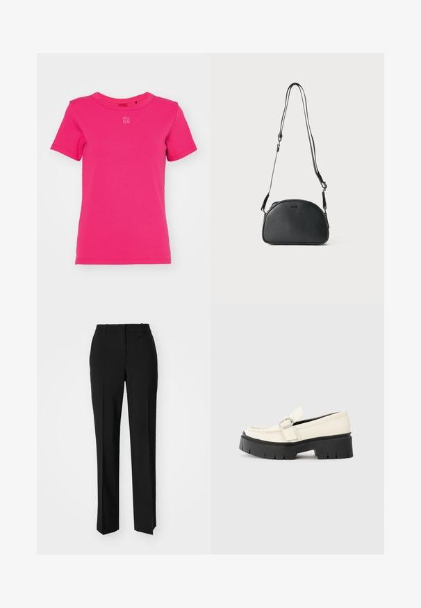 HUGO DELORIS - T-shirt básica - bright pink; Calças pretas de corte ajustado com um design de perna reta, apresentando uma textura lisa e pregas bem definidas na frente. Sem hardware visível.; Mocassim de couro branco com sola plataforma preta robusta, apresentando uma fivela retangular prateada e detalhes de costura visíveis na parte superior.; Mala de ombro em couro preto com uma forma arredondada, duas alças ajustáveis e um logotipo discreto na frente. Exterior texturizado, design minimalista.