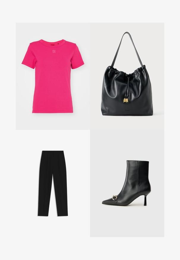 HUGO DELORIS - Basic T-shirt - bright pink; Black trousers with a straight fit, featuring double pleats, a smooth texture, and a classic waistband design. No visible hardware or accents.; Black leather ankle boot with pointed toe, slim mid-height heel, and silver buckle detail on side against plain background.; Black leather drawstring bag with a smooth texture, gathered top, and subtle gold hardware. Features a single sturdy strap and embossed logo.