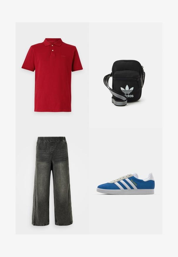 Raudona medvilninė polo marškinėliai su klasikiniu apykakle, trumpomis rankovėmis ir subtiliu siuvinėtu logotipu ant krūtinės. Lygus paviršius.; Juodos skalbimo džinsinės kelnės su elastine juostos ir plačiomis kojomis, su subtiliais vertikaliais siūlų aksesuarais šonuose.; adidas Originals ADIDAS GAZELLE SHOES - Salės futbolo bateliai - real madrid/bluebird/footwear white/crew yellow; Juodas audinio per petį nešiojamas krepšys su užtrauktuku, turintis baltą Adidas logotipą ir dryžuotą reguliuojamą diržą patogiam nešiojimui.
