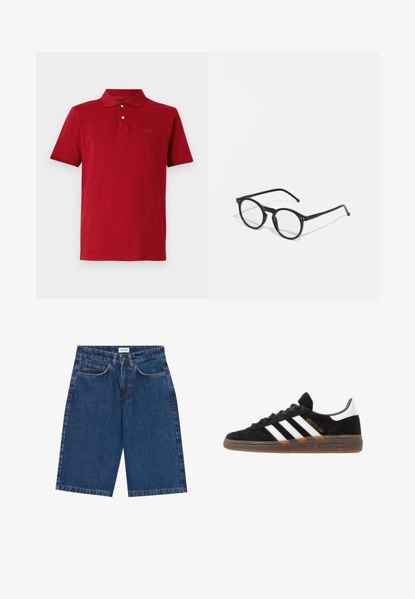 Punane puuvillane polo särk, millel on klassikaline krae, lühikesed varrukad ja õrn tikand rinnal. Sile tekstuur.; Tumed sinised teksashortsid, millel on viie tasku disain, sirge lõige ja nähtavad õmblused. Sile tekstuur ja keskmise kõrgusega talje.; Mustad must Adidas'i sneaker valgete triipudega, kuldse "Spezial" tekstiga, kummi tallaga ja valge kontsaga, kujutatud külgvaates.; Ümmargused mustad prillid läbipaistev läätsedega, õhukesed mustad käed ja väiksed metallist aktsendid ees. Klassikaline disain minimalistliku stiiliga.