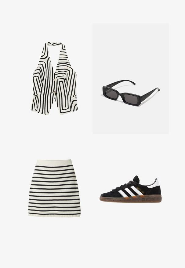 Schwarz-weißer ärmelloser Weste mit Wellenmuster, zwei Vordertaschen und zwei Knöpfen in der Mitte. Hergestellt aus einem strukturierten Stoff.; Strickrock mit abwechselnd schwarzen und weißen horizontalen Streifen, einer figurschmeichelnden Passform und einem gerippten Bund mit geradem Saum.; Schwarzer Adidas Sneaker mit weißen Streifen, goldenem "Spezial"-Text, Gummisohle und weißem Fersenbereich, seitliche Ansicht.; Schwarze rechteckige Sonnenbrille mit dunklen Gläsern, glänzender Oberfläche, breiten Bügeln und einem klobigen Rahmen-Design. Gravierter Markenname auf einem Bügel.