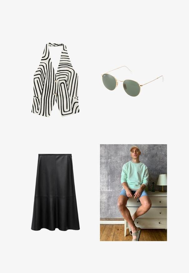 Black and white sleeveless vest featuring a wave pattern, two front pockets, and two buttons at the center. Made from a textured fabric.; Black leather skirt, A-line shape, knee-length, smooth texture, seam details, flared hem, and invisible back zipper closure.; Mint green sweatshirt, denim shorts, and olive green slip-on shoes. Sitting on a light-colored chest of drawers against a textured gray wall.; Gold metal frame sunglasses with green lenses, round shape, thin temples, and white plastic accents on the tips of the arms.; Gold hoop earrings with a textured finish, featuring a row of small clear crystals along the edge and a stud backing.