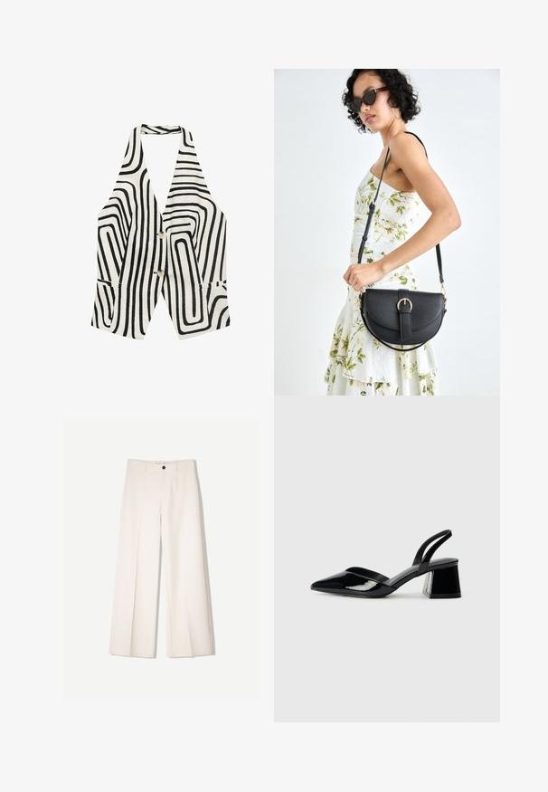 Black and white sleeveless vest featuring a wave pattern, two front pockets, and two buttons at the center. Made from a textured fabric.; Cream wide-leg trousers with a tailored design, featuring two front pockets and a single front button closure, made from smooth fabric.; Black patent leather slingback heels with a pointed toe and a geometric block heel. Features a sleek, minimal design and smooth texture.; Black leather handbag with a curved shape, detachable strap, and gold hardware. The bag features a flap with a buckle detail.